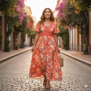 Torrid Vibrant Floral Maxi Dress Coral Peach Lace-Up Challis Size 0 (Large)